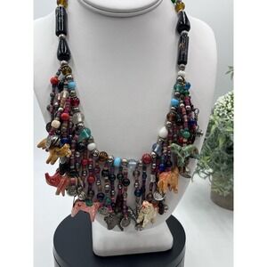 AFRICAN Glass Bead and Carved Animal Dangle Fringe Multicolor Statement Necklace